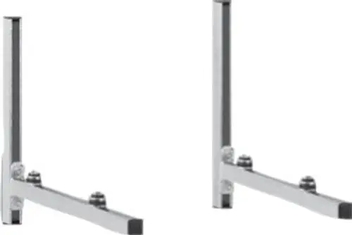 Zwei vertikale Metallkonsolen mit einer Basis, die für die Montage von Split-Wärmepumpen von Bosch geeignet sind. Halterungen mit Dämpfungselementen zur Vibrationsreduzierung.